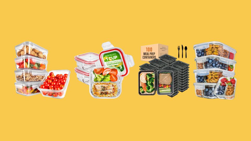 NutriChef 10-Piece Superior Glass Food Storage Containers Set, Glass Portion Control Bariatric Containers, SQUATZ 100 Meal Prep Containers 33oz Reusable with Lid, PrepNaturals 5 Pack 34 Oz Glass Meal Prep Containers