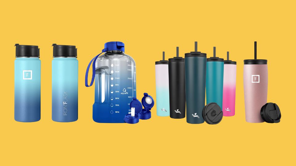 IRON °FLASK Sports Water Bottle - Wide Mouth with 3 Straw Lids, AQUAFIT 1 Gallon Water Bottle with Time Marker, IRON °FLASK Nomad Tumbler, Konokyo 34 OZ Insulated Tumbler with Lid and 2 Straws Stainless Steel Water Bottle Vacuum Travel Mug Coffee Cup